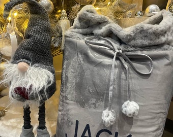 Luxury Velvet Personalised Santa Sack, Grey Christmas Sack & White FurPom Poms, Personalised Santa Sack, Custom Santa Sack, Large Santa Sack