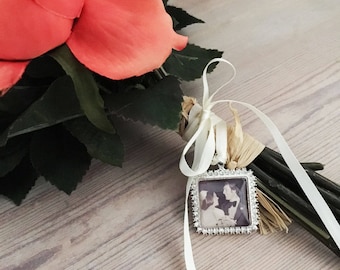 Bouquet Photo Square Charm , Wedding Bouquet Photo Charm, Rhinestone Memorial Photo Charm, Rhinestone Photo charm, Bouquet Photo Jewelry