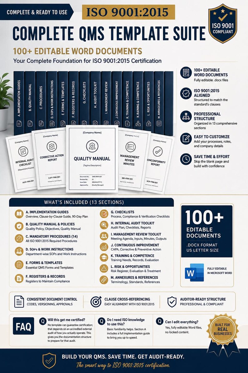 May include: A digital infographic for an ISO 9001:2015 complete QMS template suite. It displays 100+ editable Word documents, 13 sections, and professional structure. Text includes 'COMPLETE QMS TEMPLATE SUITE', '100+ EDITABLE WORD DOCUMENTS', and 'ISO 9001:2015'.