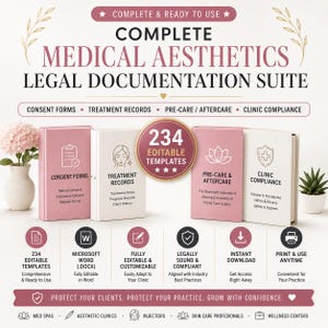 May include: A complete medical aesthetics legal documentation suite featuring 234 editable templates. The set includes four books labeled Consent Forms, Treatment Records, Pre-Care & Aftercare, and Clinic Compliance, with icons and descriptive text.