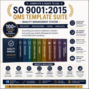 Può includere: Un set di modelli QMS ISO 9001:2015 con oltre 100 documenti Word modificabili. Il grafico mostra una fila di dieci raccoglitori colorati etichettati Quality Manual, Policy, Procedures, Work Instructions, Forms, Records, Audit, Review, Action e Risk.