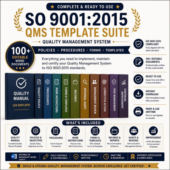 ISO 9001:2015 QMS Template Suite – 100+ Editable Word Documents (Policies, Procedures)