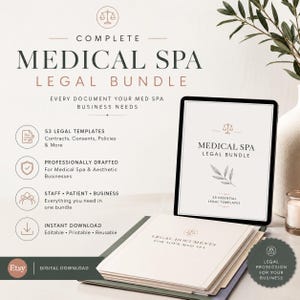 May include: A digital product bundle titled Complete Medical Spa Legal Bundle, featuring a tablet displaying the title and a stack of documents. The text includes 53 legal templates, contracts, consents, policies, and business documents.