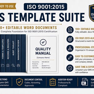 May include: A QMS template suite for ISO 9001:2015 certification featuring 100+ editable Word documents. The set includes dark blue binders labeled Manual & Policies, Procedures, SOPs & WI, Forms & Templates, Records & Registers, Audit Toolkit, and Management Review, alongside a white Quality Manual binder.
