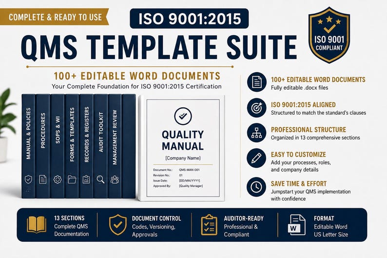 May include: A QMS template suite for ISO 9001:2015 certification featuring 100+ editable Word documents. The set includes dark blue binders labeled Manual & Policies, Procedures, SOPs & WI, Forms & Templates, Records & Registers, Audit Toolkit, and Management Review, alongside a white Quality Manual binder.