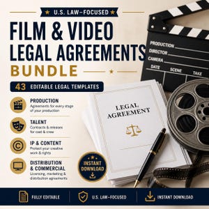 May include: A bundle of 43 editable legal templates for film and video production. The document features the text 'LEGAL AGREEMENT' with a gold scale icon, a black pen, a film clapperboard, and a film reel. Includes text for production, talent, IP, and distribution.