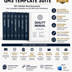 May include: An ISO 9001:2015 QMS template suite featuring a collection of dark blue binders and a white Quality Manual. The graphic includes text detailing 100+ editable Word documents, 13 sections, and certification compliance information.