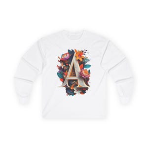 Camiseta de manga comprida floral com letra A, camisa formal de algodão, camiseta gráfica confortável, blusa de manga comprida unissex, camisa com estampa floral