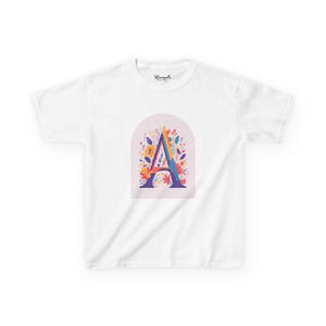 Camiseta infantil de algodão pesado com letra floral A, blusa casual juvenil, camisa juvenil personalizada, camiseta unissex personalizada