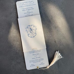 Sliding Wedding Invitation. Luxury and WOW effect! Blue Monogram on Pearl White | Elegant Custom Wedding Invite