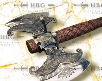 Handcrafted Double Head Viking Axe, Engraved Carbon Steel Blade, Leather Sheath