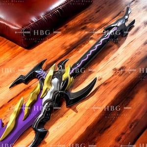 May include: A detailed fantasy sword with a black blade, purple accents, and gold-colored edges. The hilt features intricate designs and a silver finish. The sword is displayed on a wooden surface.