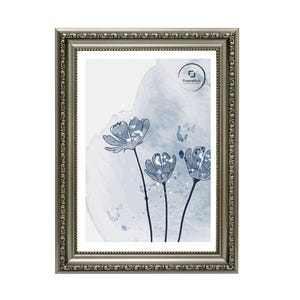 May include: Silver-toned picture frame with ornate detailing. The frame surrounds a print featuring blue watercolor flowers against a light blue background. The print has the text "FrameHub" in the upper right corner.