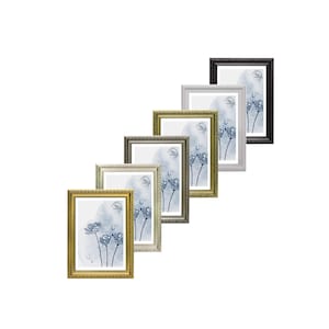 Op de afbeelding: Een set van zes fotolijsten in verschillende kleuren, waaronder goud, zilver, zwart en wit. De lijsten zijn allemaal versierd en hebben een klassiek ontwerp. Elke lijst heeft een blauwe en witte bloemenprint.