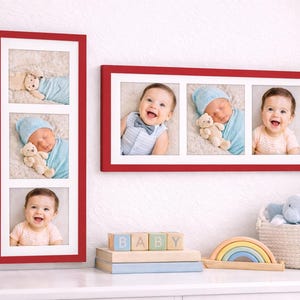 Peut inclure: Cadres photo rouges affichant des portraits de bébés. Un cadre contient trois photos, l'autre une. Les photos montrent des bébés portant des chapeaux et tenant des animaux en peluche. Les cadres sont montés sur un mur blanc.