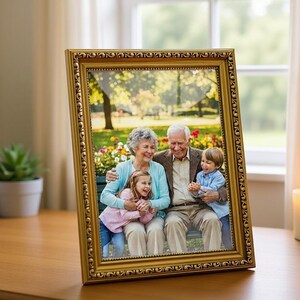 May include: A gold framed picture of a family, including grandparents and grandchildren, is displayed on a wooden table. The frame has an ornate design. The background includes plants, a lit candle, and a window.