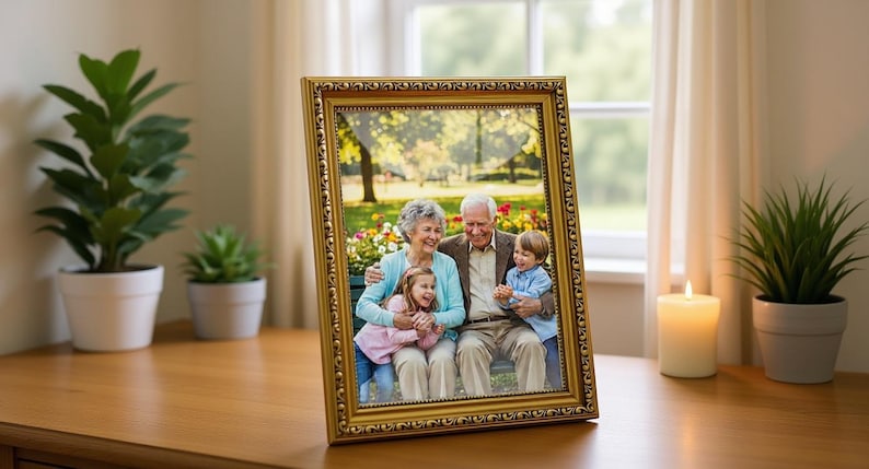 May include: A gold framed picture of a family, including grandparents and grandchildren, is displayed on a wooden table. The frame has an ornate design. The background includes plants, a lit candle, and a window.