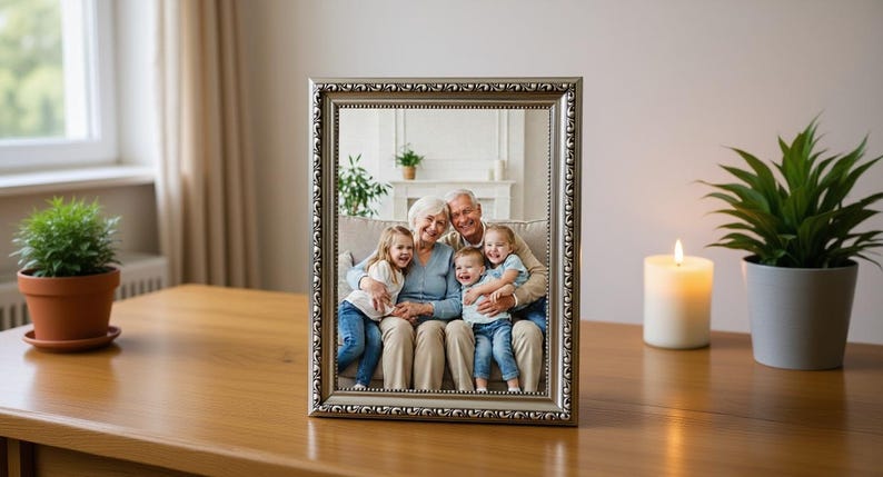 May include: A silver framed photograph displays a family portrait. The photo shows two older adults seated with three young children. The frame is on a wooden table, with a lit candle and potted plants nearby.