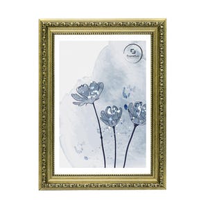 May include: A rectangular gold-colored picture frame with ornate detailing surrounds a print of blue watercolor flowers. The artwork features three stylized flowers with dark stems against a light blue and white background. The frame has a decorative border.