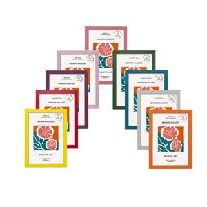 May include: A set of 10 colourful picture frames with a floral design and the text "Modern Gallery" and "Eclectic Art".