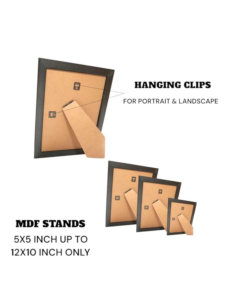 Op de afbeelding: Zwarte fotolijsten met MDF-standaards, verkrijgbaar in maten van 12,7 cm x 12,7 cm tot 30,5 cm x 25,4 cm. De lijsten hebben ophangclips voor portret- en landschapsori&euml;ntatie. De afbeelding toont drie lijsten van verschillende formaten.