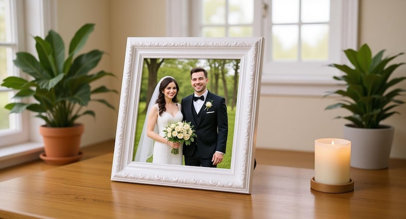 May include: A white framed photograph of a smiling couple on their wedding day. The bride wears a white dress and veil, holding a bouquet. The groom is in a black tuxedo. The frame sits on a wooden table, with plants and a candle in the background.