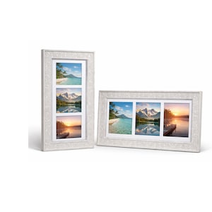 May include: Two white multi-photo frames. One is vertical, holding three photos, the other is horizontal, holding three photos. Both frames feature a decorative floral pattern. The frames are empty, ready for photos.