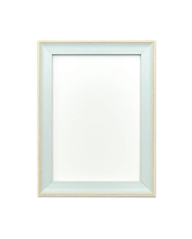 May include: A light blue picture frame with a white mat and a wood-toned border.