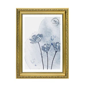 May include: A rectangular gold-colored picture frame with ornate detailing surrounds a floral print. The print features blue flowers with a watercolor background. The FrameHub logo is visible in the upper right corner.