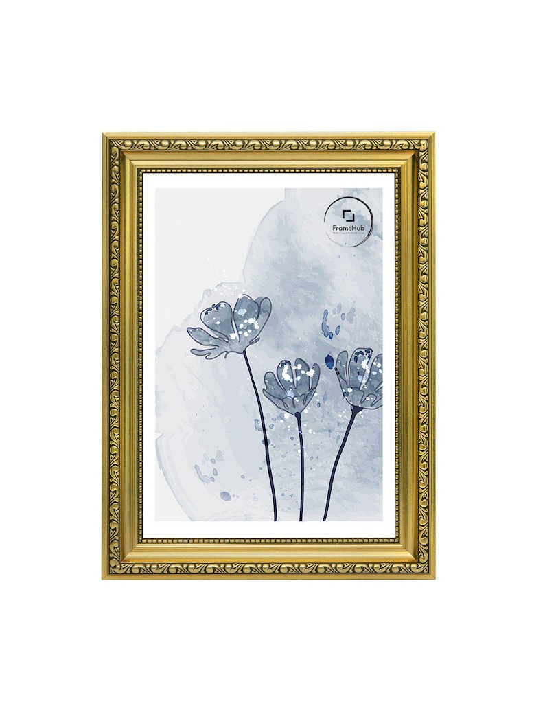 May include: A rectangular gold-colored picture frame with ornate detailing surrounds a floral print. The print features blue flowers with a watercolor background. The FrameHub logo is visible in the upper right corner.