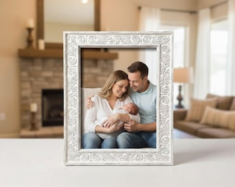 Marco de fotos ornamentado de mármol blanco – Marco de fotos de estilo rústico vintage, decoración de pared estilo casa de campo, elegante marco blanco