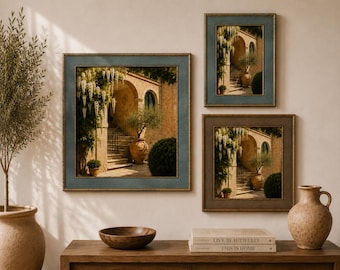 May include: Three framed wall art prints depicting a Mediterranean stone courtyard with stone stairs, terracotta pots, and hanging white flowers. The frames are blue and brown with gold edges. The prints are displayed on a wall above a wooden console.