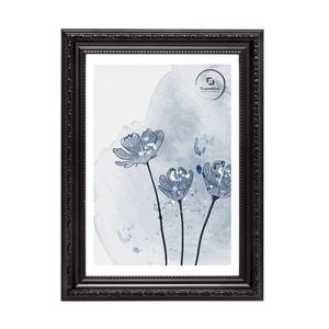 May include: A black framed print featuring a watercolor floral design in shades of blue and white. The frame has an ornate, textured design. The print includes the text "FrameHub".