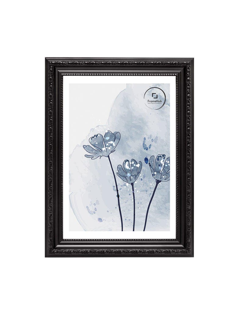 May include: A black framed print featuring a watercolor floral design in shades of blue and white. The frame has an ornate, textured design. The print includes the text "FrameHub".
