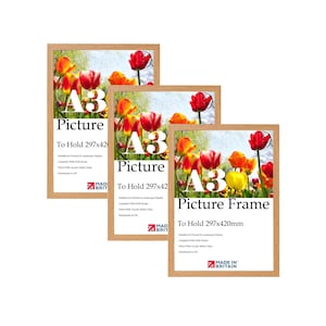 May include: Three A3 picture frames with a natural wood finish. Each frame holds a colorful floral print. The frames are labeled "Picture" and "To Hold 297x420mm". Handmade in the UK, suitable for portrait and landscape display.