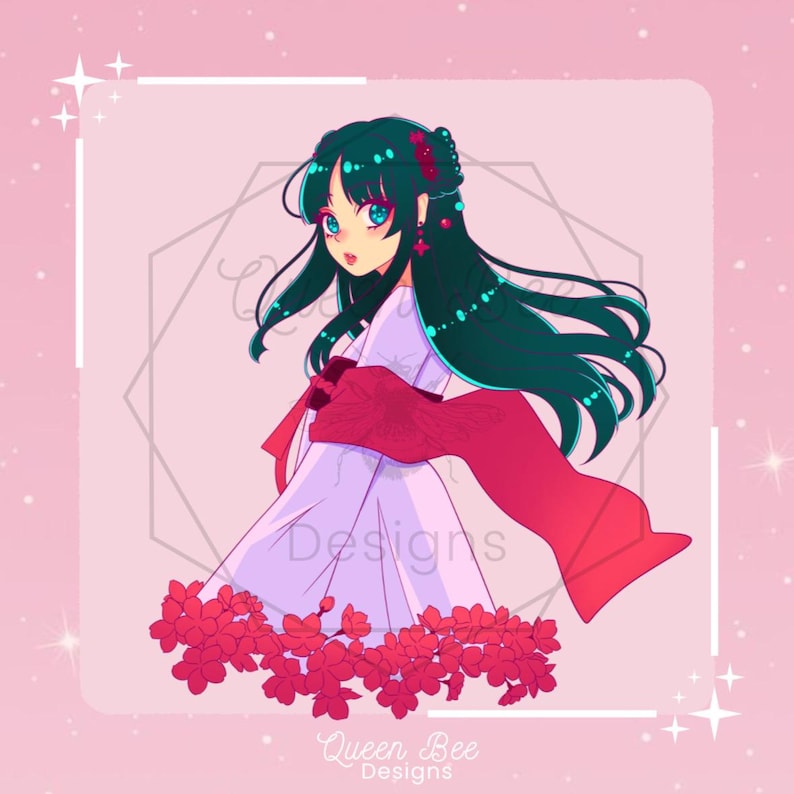 May include: A digital illustration of a young woman with long teal hair, wearing a white dress with a red sash and standing in front of a pink background with red flowers.
