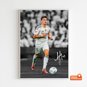 May include: A framed digital print featuring a soccer player in a white uniform with the number 15, running with a soccer ball. The background is a blurred black and white image of a crowd. The player's signature is visible.
