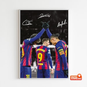 May include: A framed black and white photograph featuring three soccer players in blue and red uniforms. The player in the center wears the number 9. The image includes signatures and a "DIGITAL DOWNLOAD" logo.