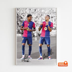 May include: Two soccer players in blue and red jerseys stand on a soccer field. The player on the left is wearing number 9 on his jersey. The player on the right is wearing number 10 on his jersey. Both players have signed their names on the image.
