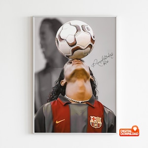 May include: A black and red soccer jersey with a white Nike swoosh logo and the FC Barcelona crest. A person is wearing the jersey and balancing a soccer ball on their head. The image is signed "Ronaldinho 10".