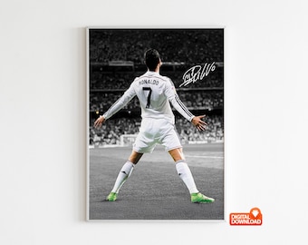 May include: Black and white poster print of a soccer player in a white uniform with the number 7 on the back. The player is standing on a field with arms outstretched. The player's signature is in the upper right corner.