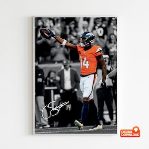May include: A framed print featuring a football player in an orange jersey with the number 14, raising his arm in celebration. The background is in black and white, with the player in color. The print includes a signature.