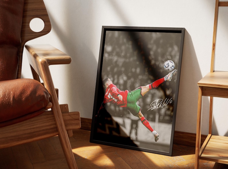 Cristiano Ronaldo Poster, Iconic Bicycle Kick, Soccer Legend Signed Football Poster,CR7, Digital Download image 2