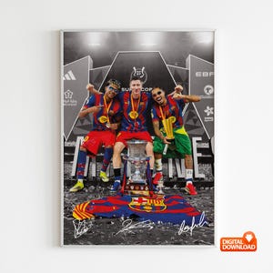 May include: A framed digital print featuring three soccer players in team uniforms, celebrating a victory. They are holding a trophy and medals, with a banner in the background. The print has a black and white background with color accents.
