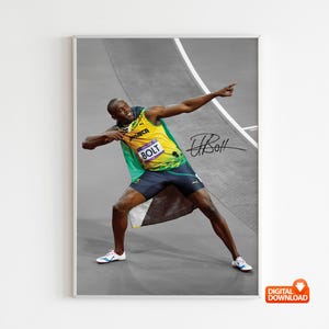 May include: A framed digital download print featuring a photograph of a track and field athlete in a celebratory pose. The athlete wears a yellow and green uniform with the word "BOLT" visible. The image is signed and includes the Jamaican flag.