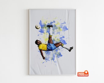 May include: A framed digital art print depicting a soccer player performing a bicycle kick. The player is dressed in a yellow and blue kit. The background features blue and yellow watercolour splashes.