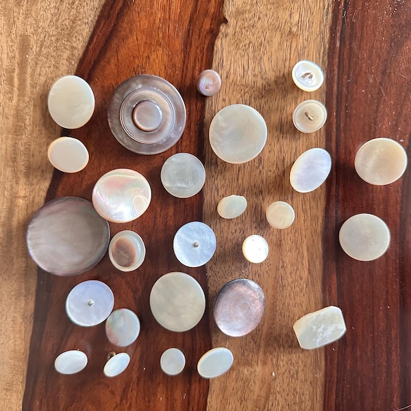 Antique French Shank Buttons. MOP 1-1/2 inch and under, White and smoky Mother of Pearl Buttons - mixed variety! AF