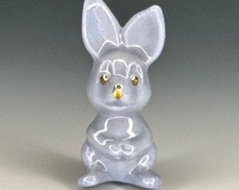 Periwinkle Blue Porcelain Easter Bunny Figurine - Gold luster face details - 1940s Japan Vintage Collectible - Sitting up Rabbit