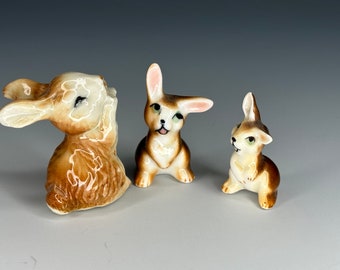 Sweet Bunny Trio! Tiny Brown Rabbit Family Porcelain Figurines - perfect Easter or Spring Decor - Cute terrarium decorations