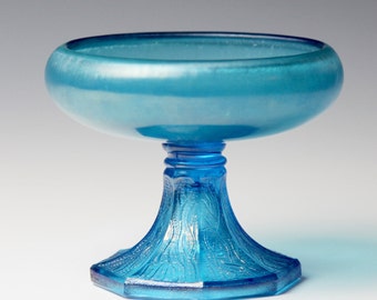 Northwood Glass TREE OF LIFE Cupped Bowl or Comport - Turquoise Aqua Blue - Iridescent Stretch Glass - North Wood